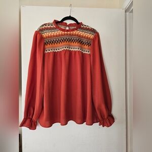 Rust Colored Embroidered Yoke Long-Sleeve Blouse